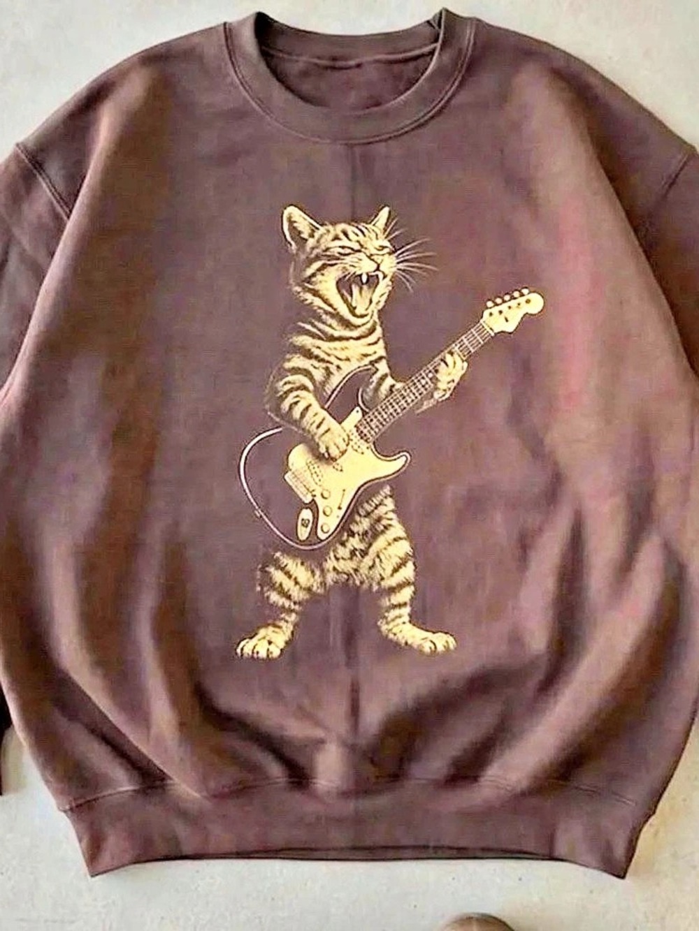 Cat Guitar Graphic Sweatshirt in Brown Like New